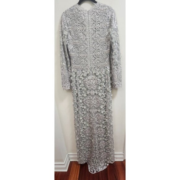 Gemy Maalouf Lace Evening Gown Light Grey Embroidered Long Sleeve Slit Front 12 - Picture 11 of 16